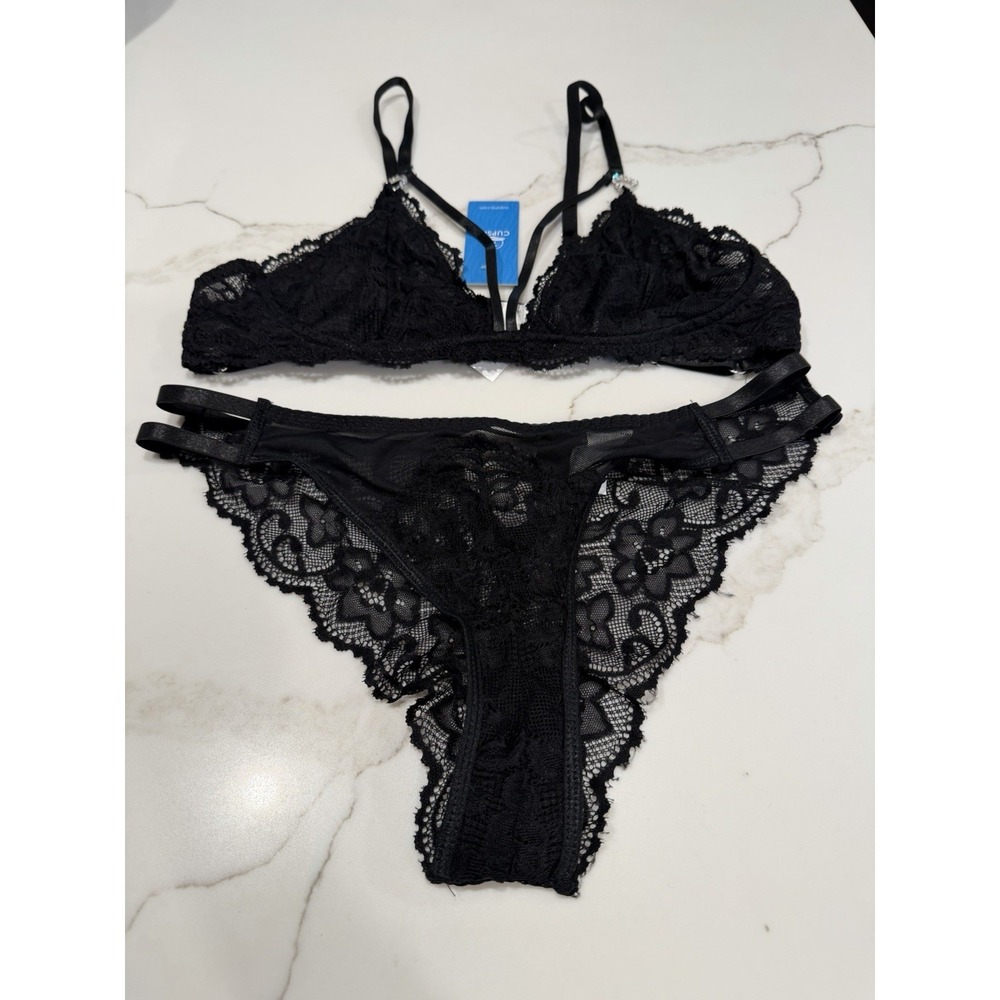 Black Lace Bralette Set Cupshe Large Strappy Sheer Lingerie NWT Floral